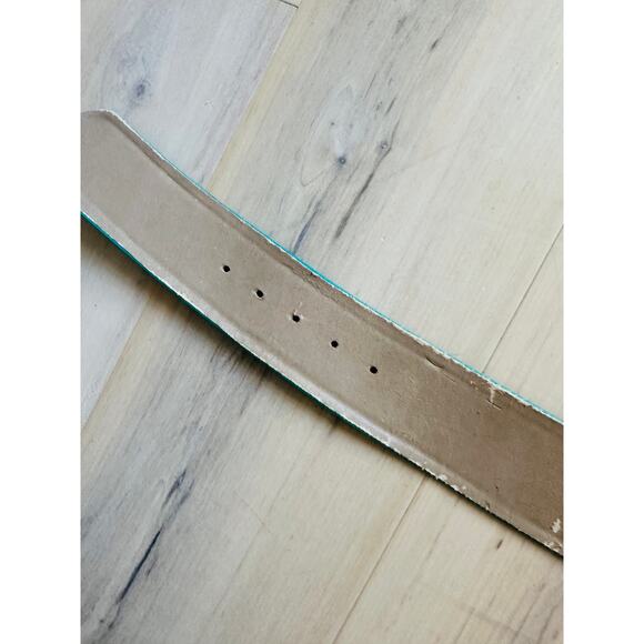 90s St John Leather/Enamel Belt Size 2/26 W Turquoise Gold Big Statement - Picture 7 of 10